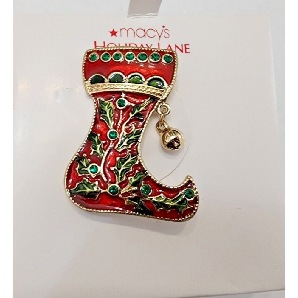 Christmas Red Green Stocking Enamel Rhinestone Brooch